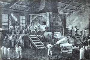 Illustration of workers in the Glassworks Factory