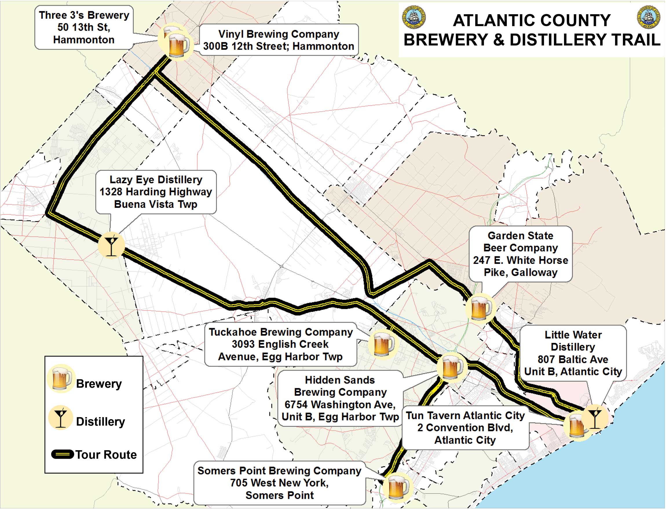 Atlantic County Brewery & Distillery Trail
Map shows a round "trail" to take to hit all of the breweries and distilleries in Atlantic County.